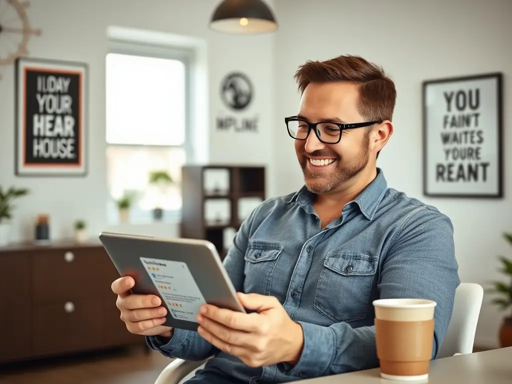 A professional businessman confidently reviewing positive online feedback on a tablet, symbolizing effective reputation management.