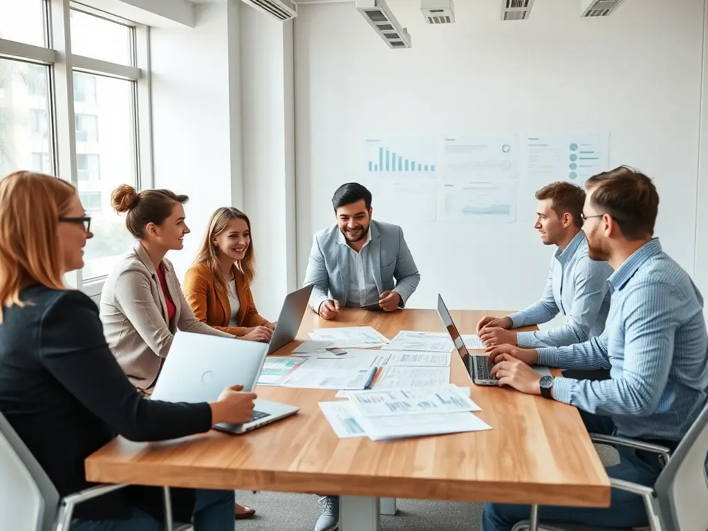 A diverse team collaborating around a table, analyzing data and strategizing to improve a client's online reputation.